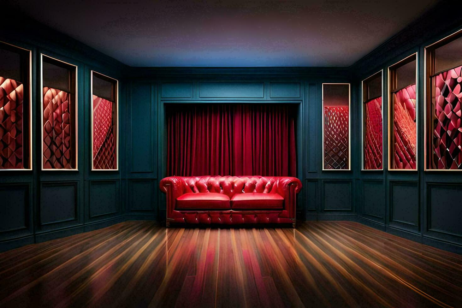 a red leather couch in a room with wood floors. AI-Generated photo