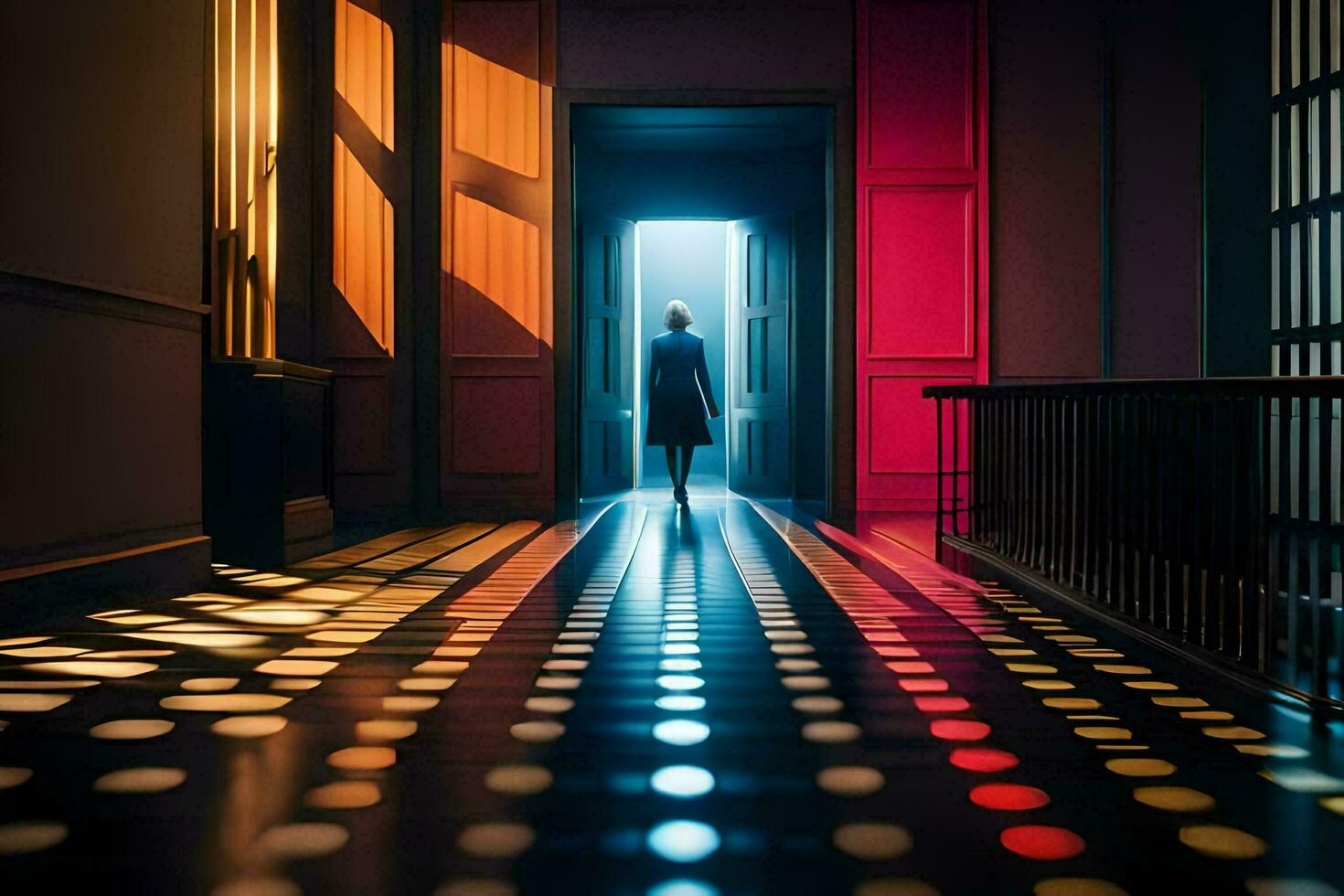 a person standing in a hallway with red and blue lights. AI-Generated photo