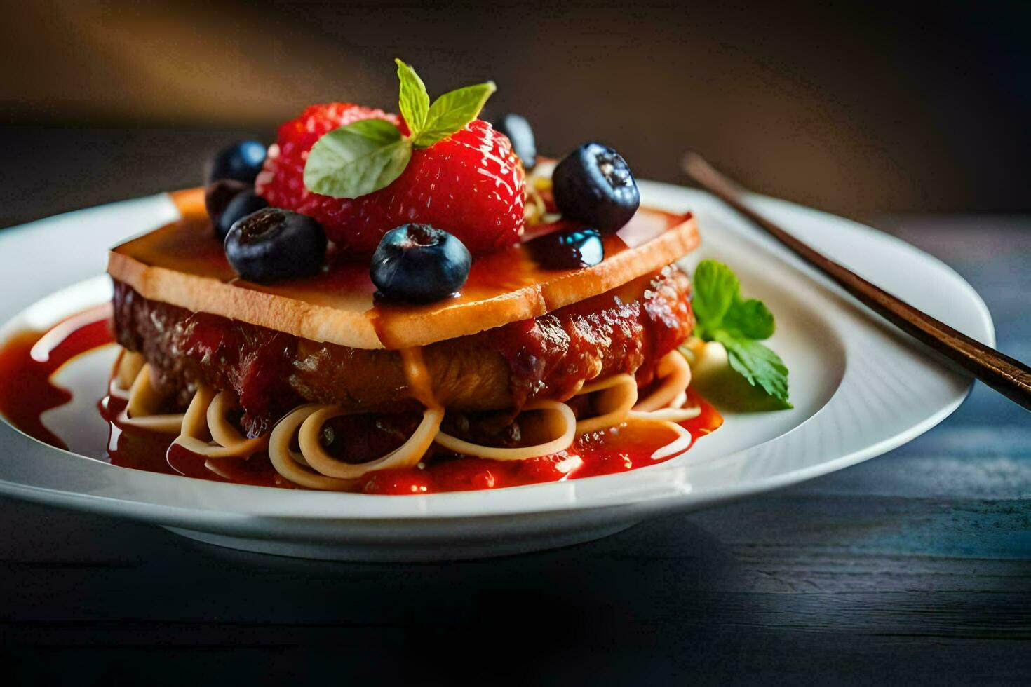 a plate with spaghetti and strawberries on it. AI-Generated photo