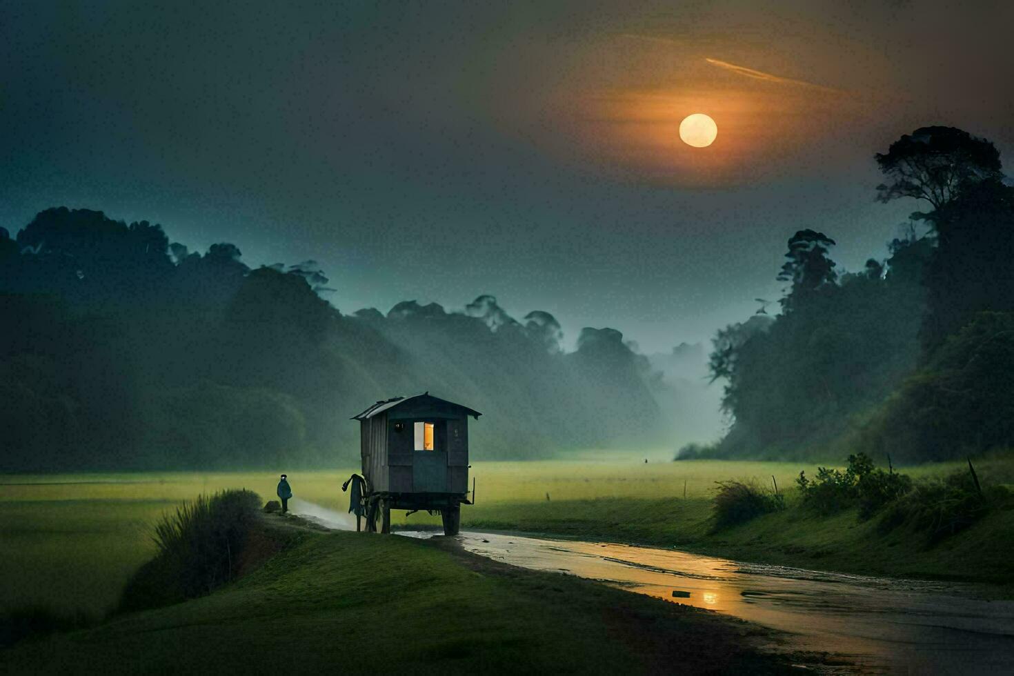 a horse drawn cart is driving down a road at sunset. AI-Generated photo