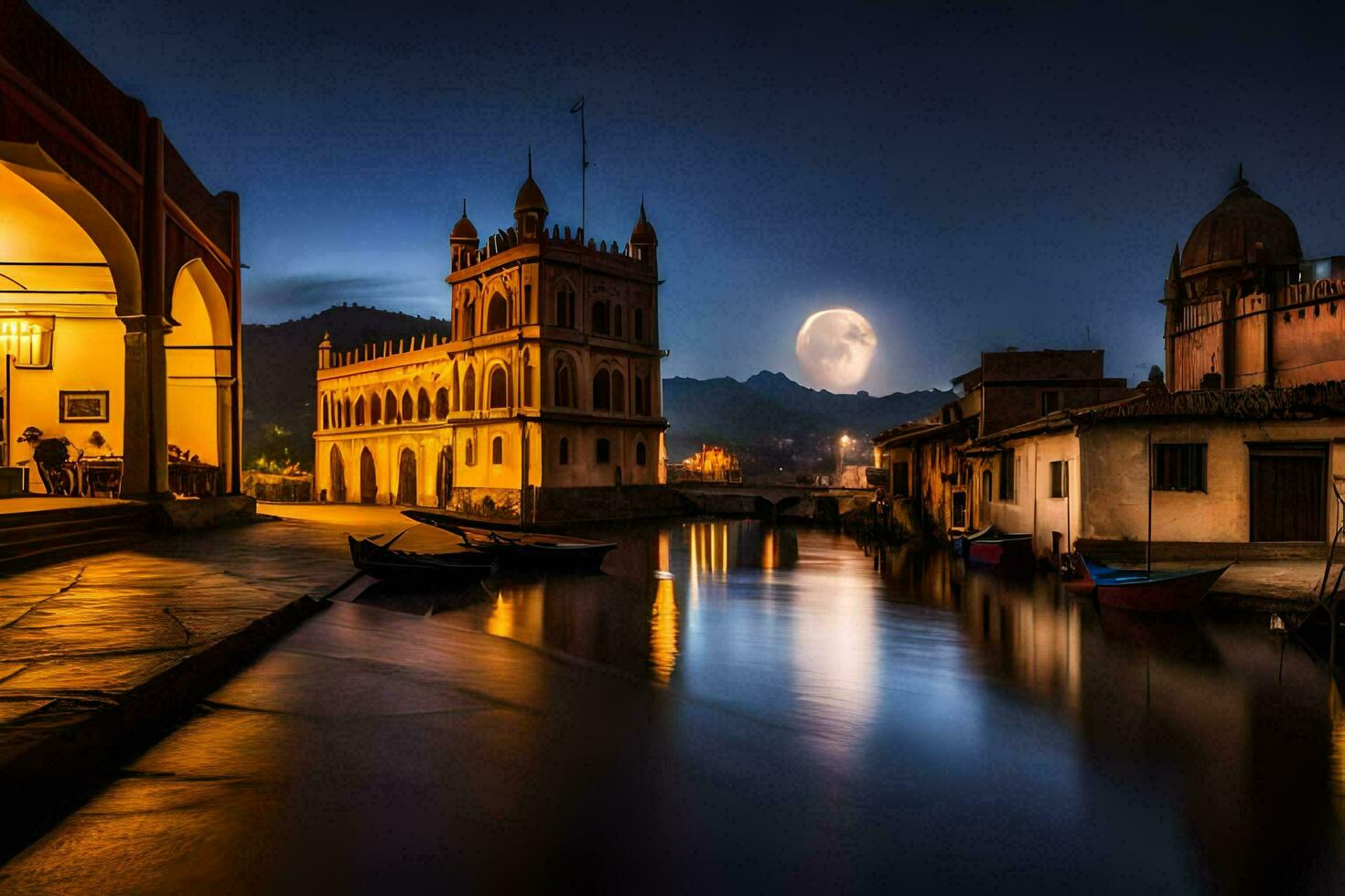 the moon rises over a town at night. AI-Generated photo