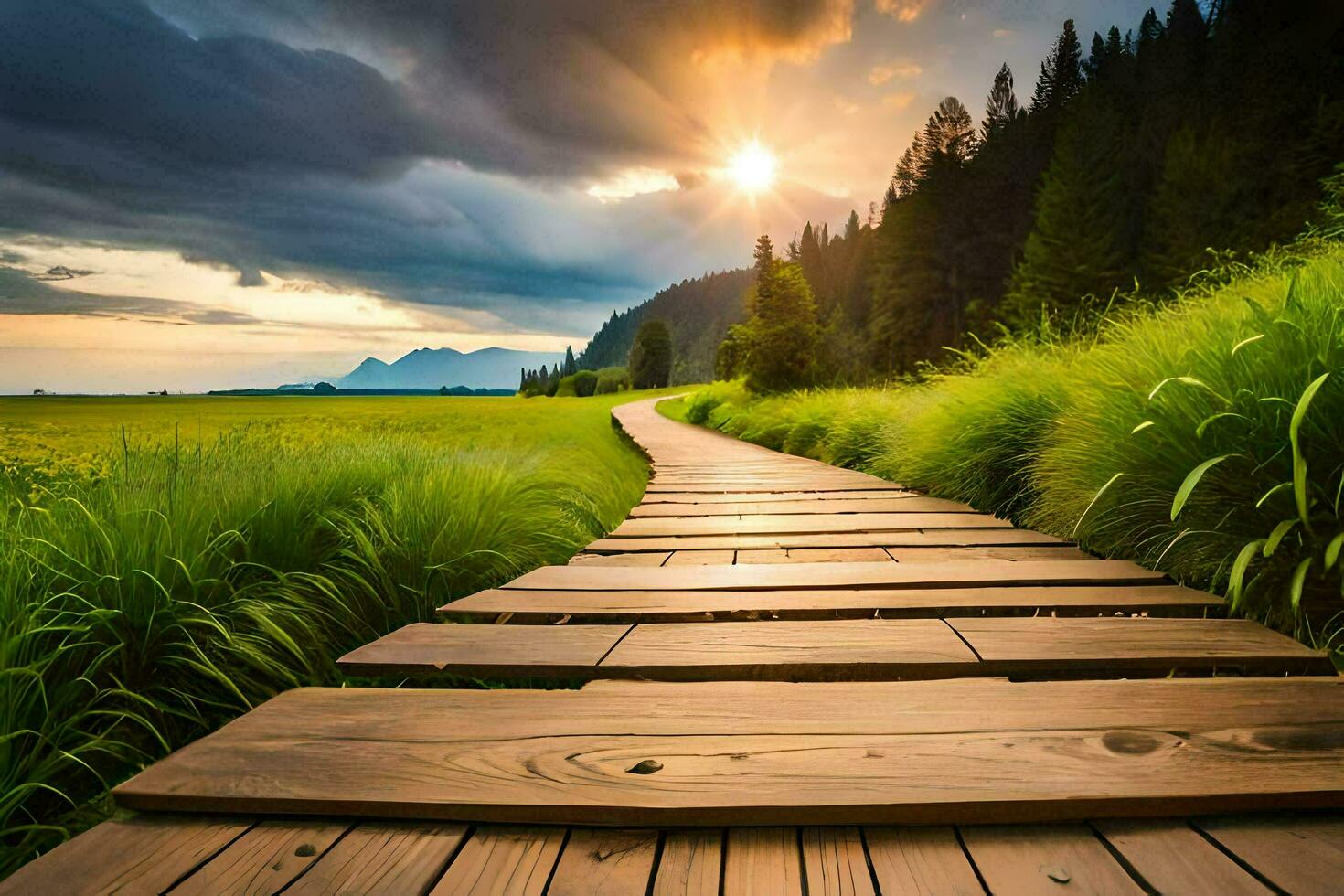 a wooden path leads to a grassy field. AI-Generated photo