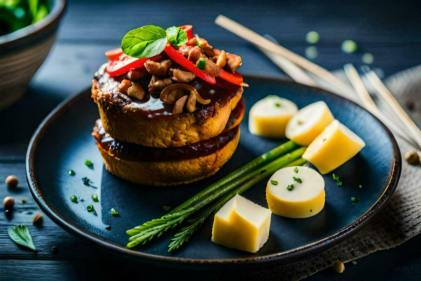 a plate with food on it and cheese. AI-Generated photo