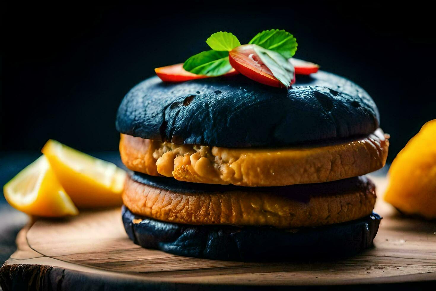 un negro hamburguesa con un rebanada de limón y un rebanada de tomate. generado por ai foto