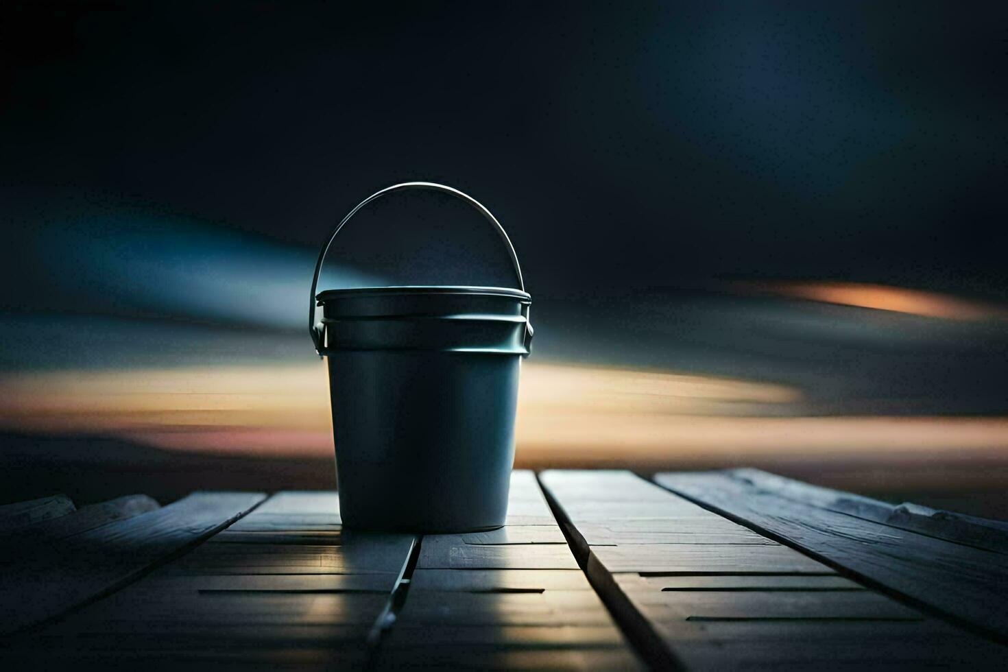 a bucket sitting on a wooden dock at night. AI-Generated photo