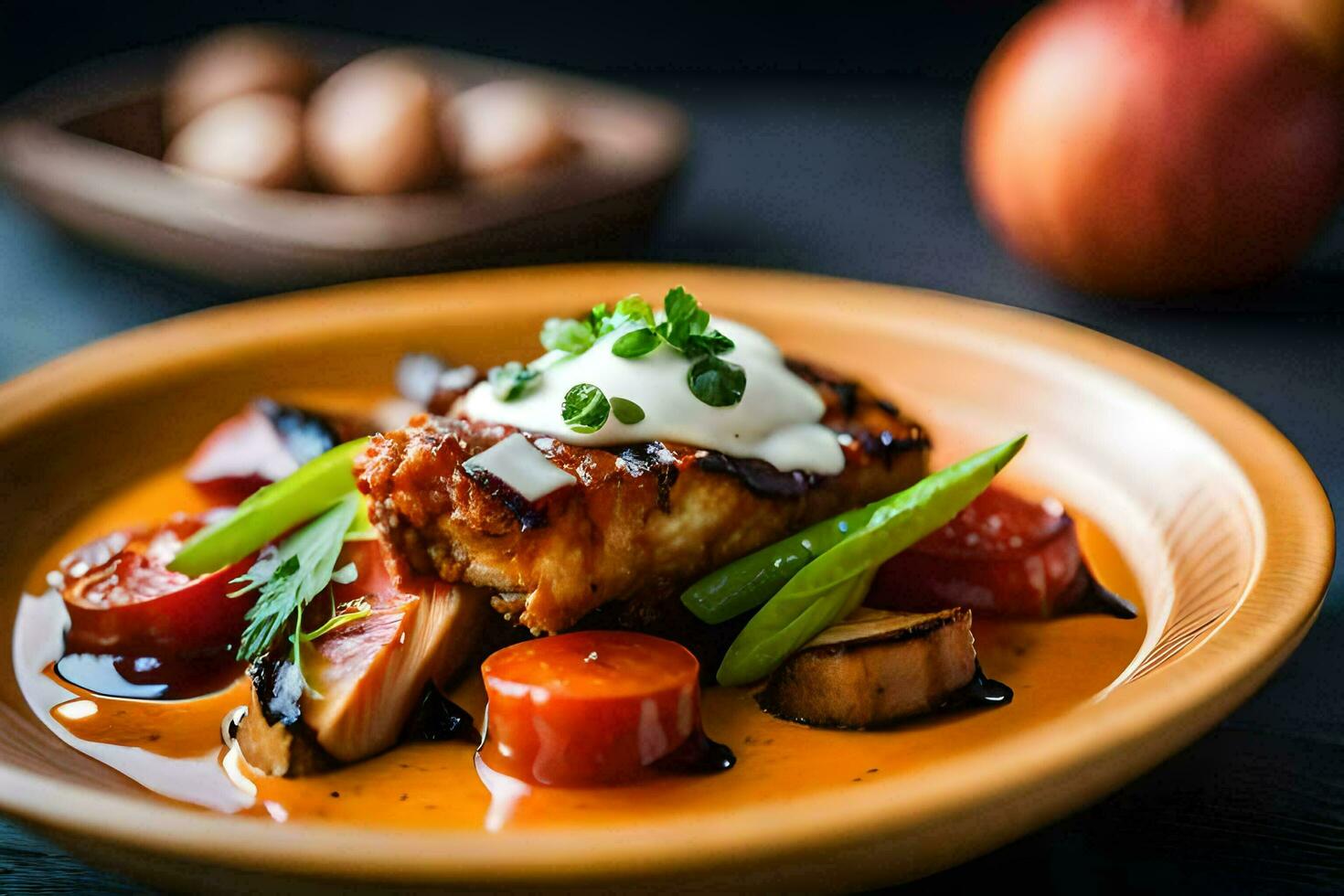 a plate of food with vegetables and sauce. AI-Generated photo
