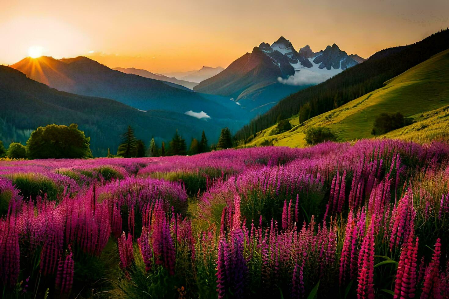 the sun rises over a field of purple flowers in the mountains. AI-Generated photo