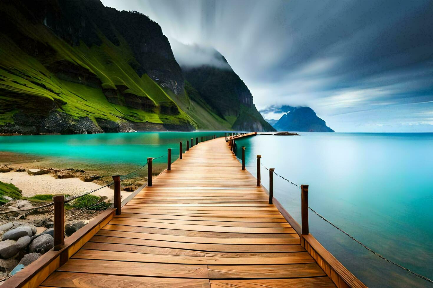 a wooden bridge leads to the ocean. AI-Generated photo