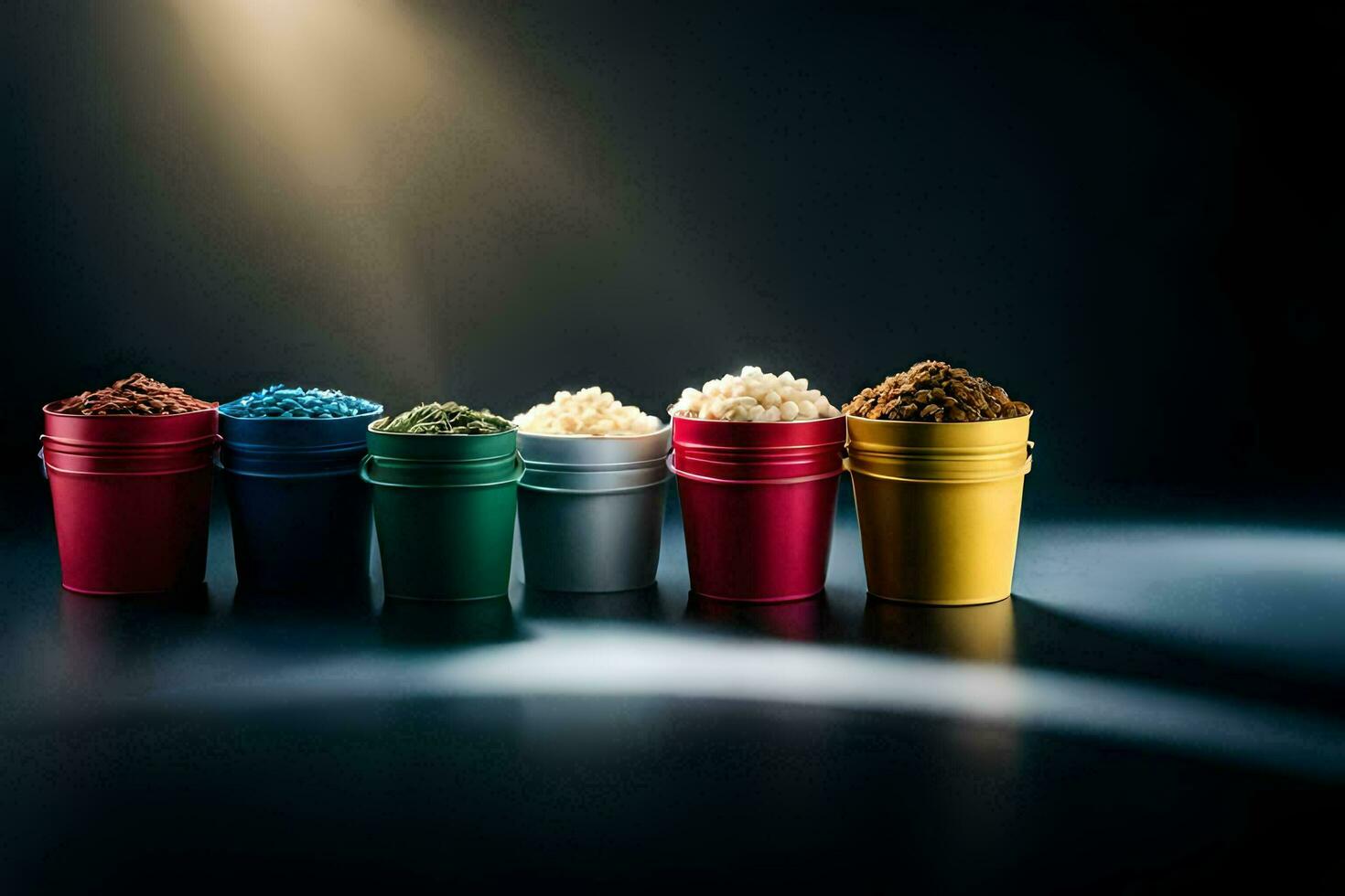 a row of colorful buckets with different types of rice. AI-Generated photo