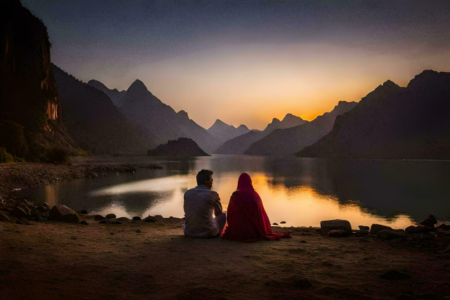 the couple is sitting on the shore of a lake at sunset. AI-Generated photo