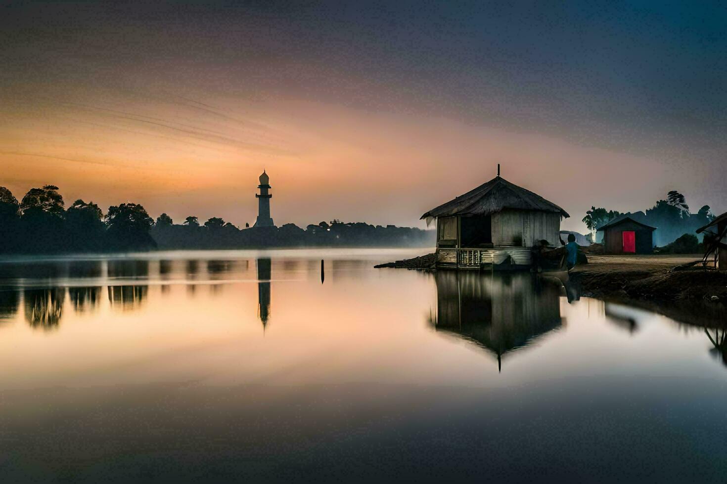 un pequeño choza se sienta en el apuntalar de un lago a amanecer. generado por ai foto