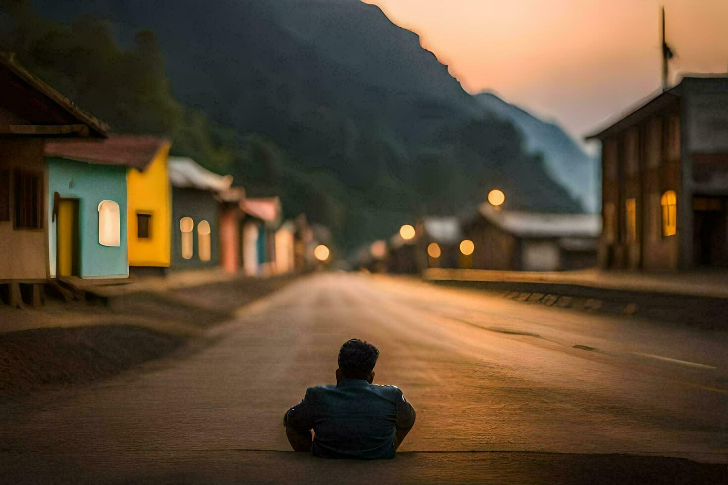 a man sitting on the road in front of a village. AI-Generated photo