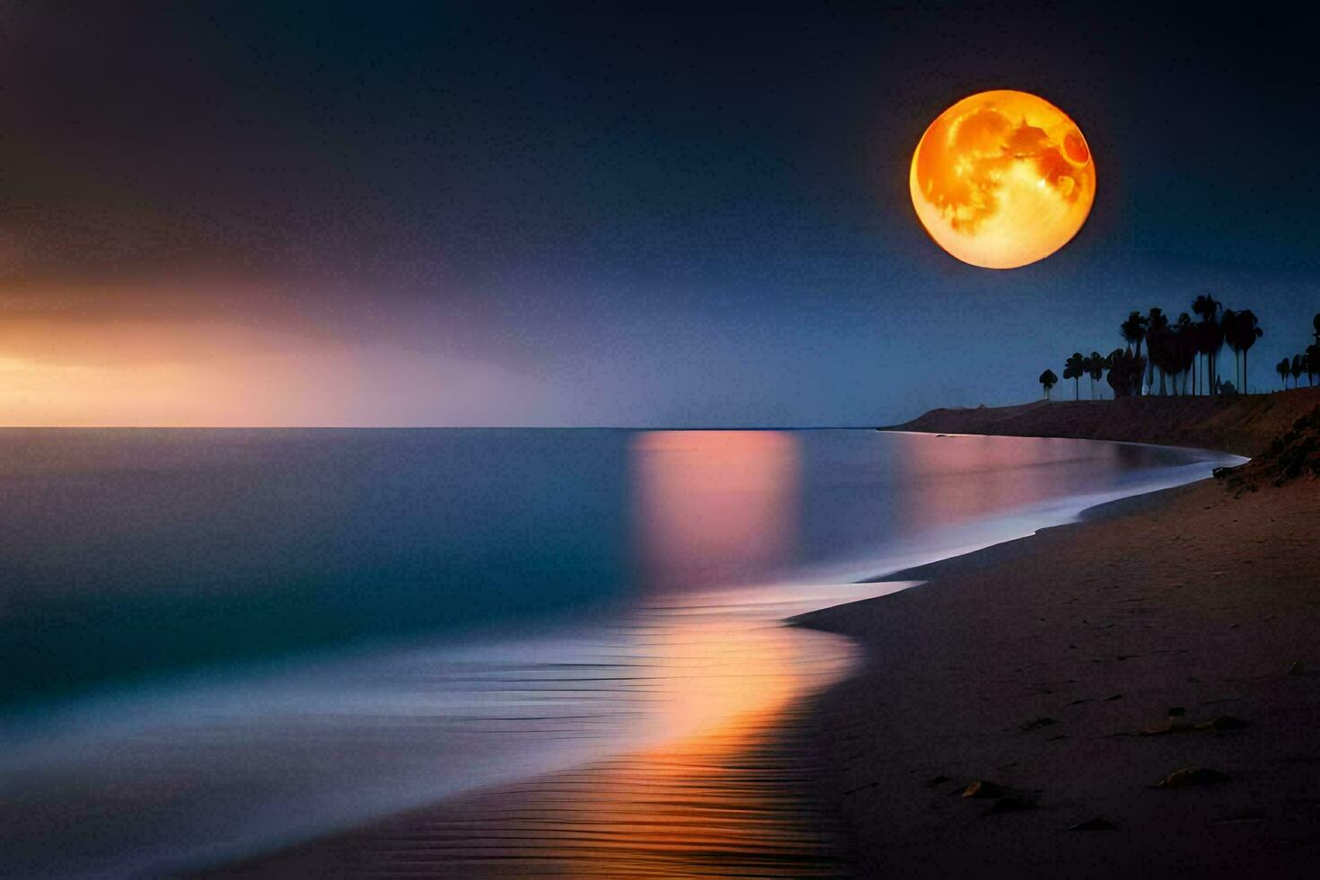 el Luna es ajuste terminado el Oceano y palma arboles generado por ai foto