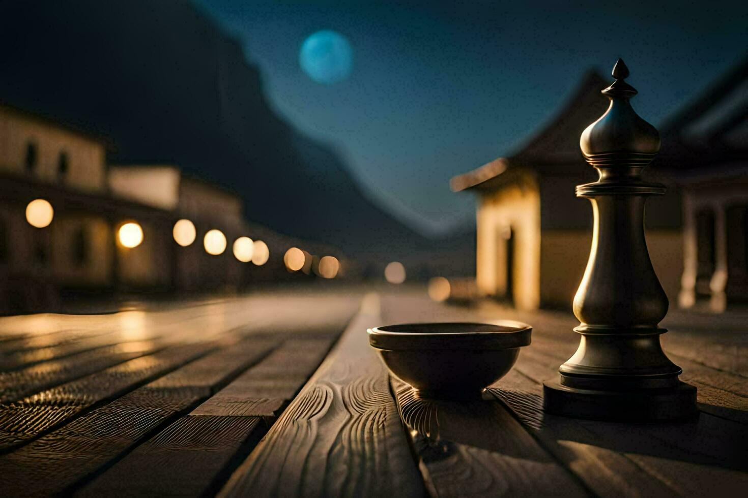 a chess piece sits on a wooden table in front of a full moon. AI-Generated photo