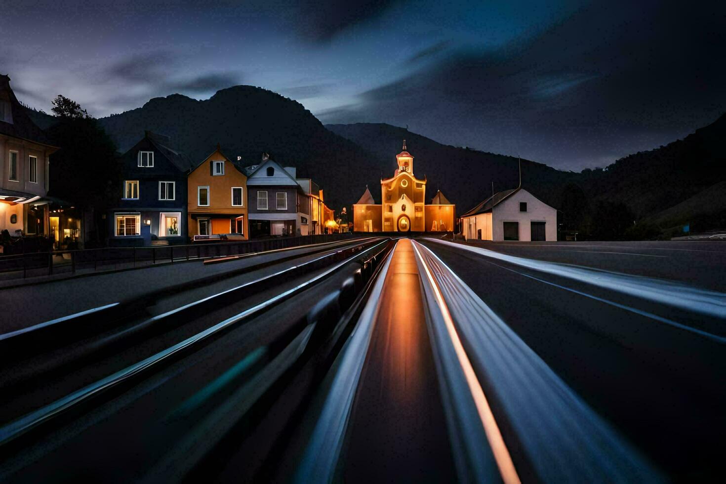 a train tracks in front of a church at night. AI-Generated photo