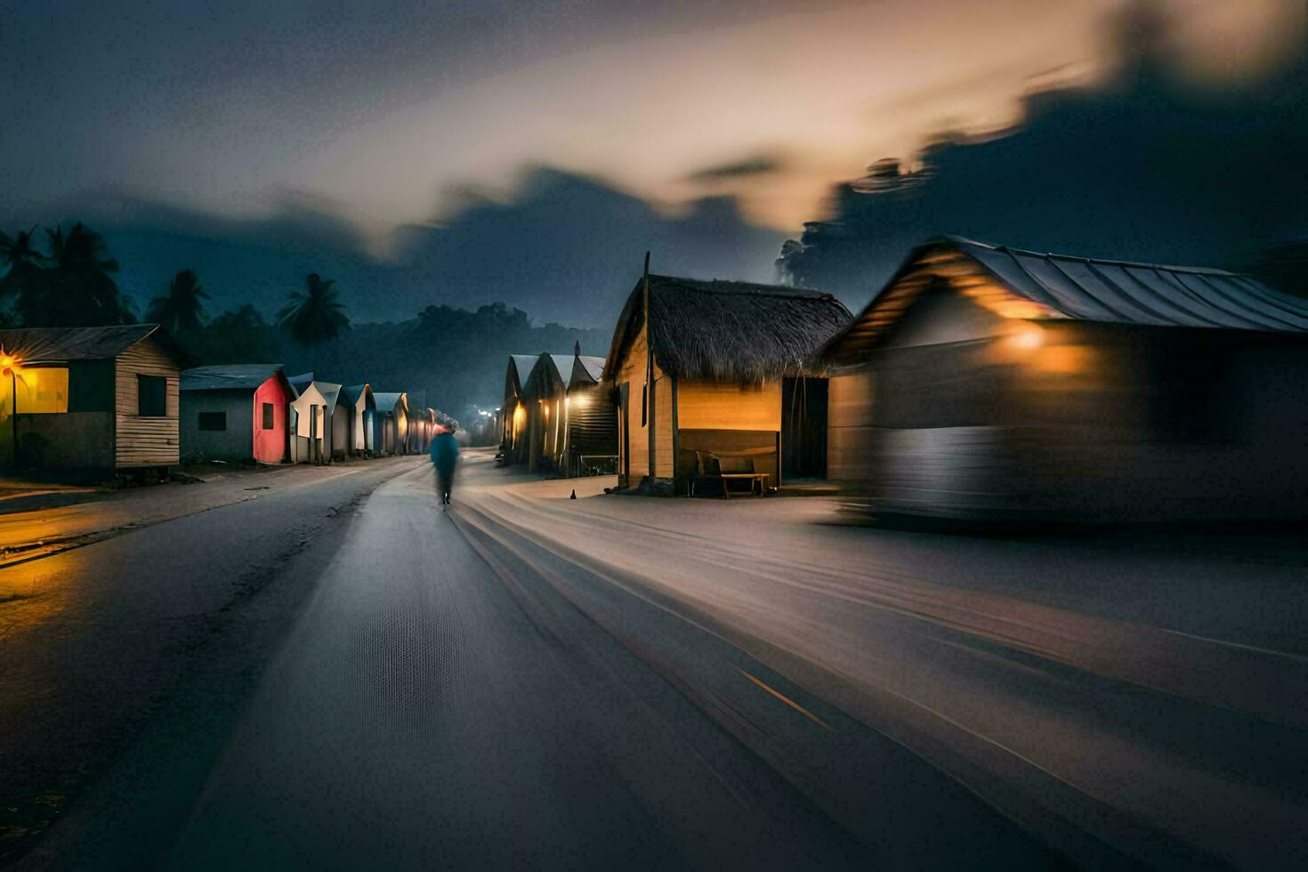 a man walks down a street at night with a blurry image of houses. AI-Generated photo