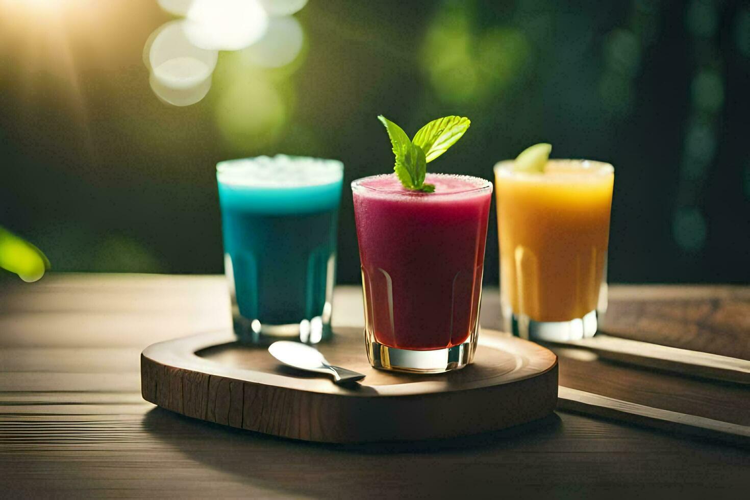 three colorful drinks on a wooden table. AI-Generated photo