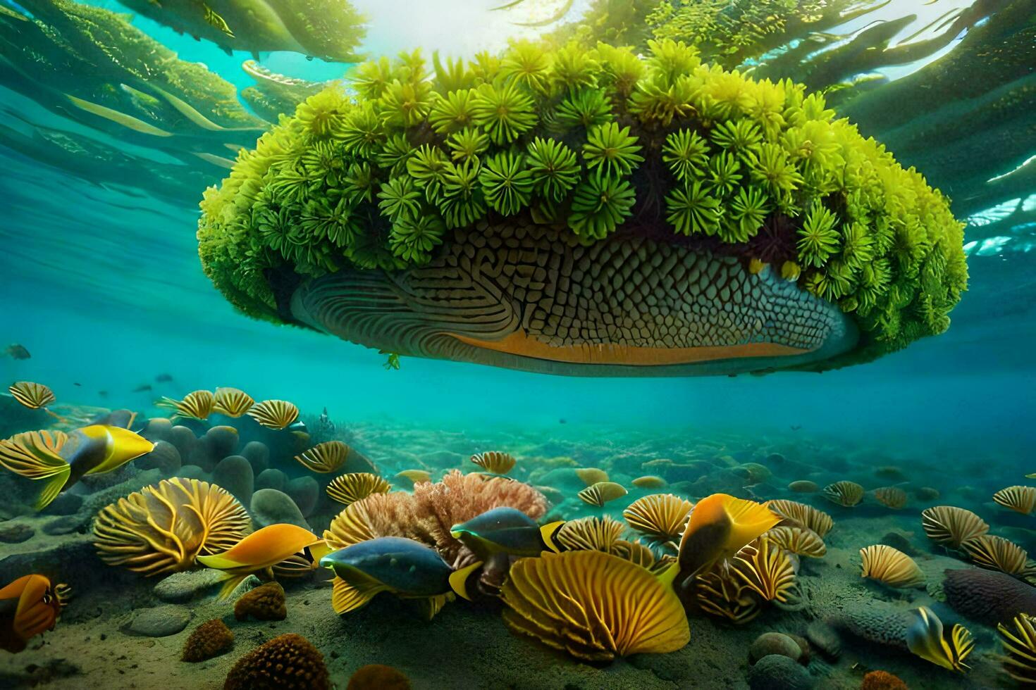 a mushroom floating above a coral reef with fish. AI-Generated photo