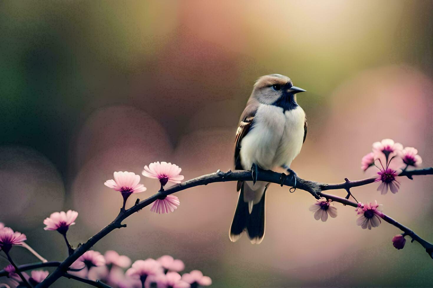 a bird sits on a branch with pink flowers. AI-Generated photo