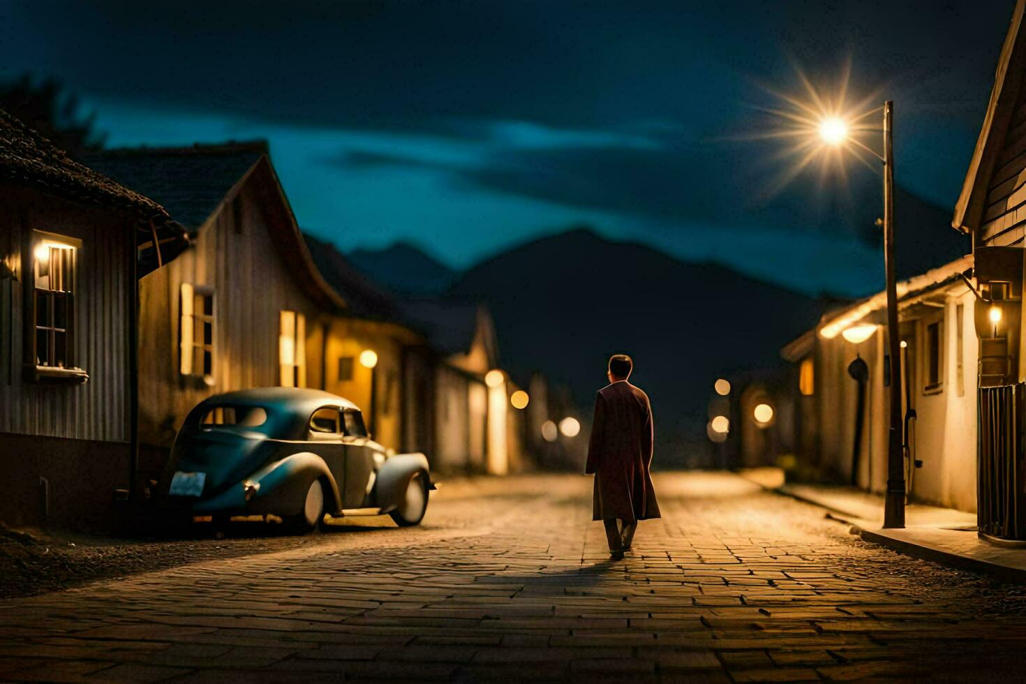 a man walks down a cobblestone street at night with an old car. AI-Generated photo