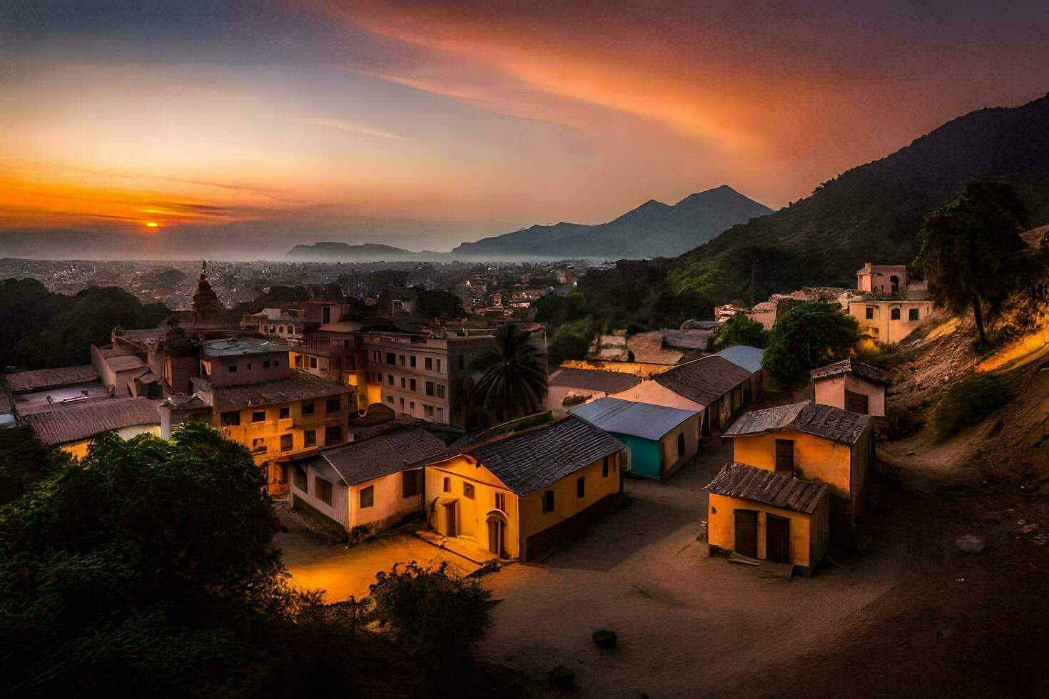 the sun sets over a village in nepal. AI-Generated photo