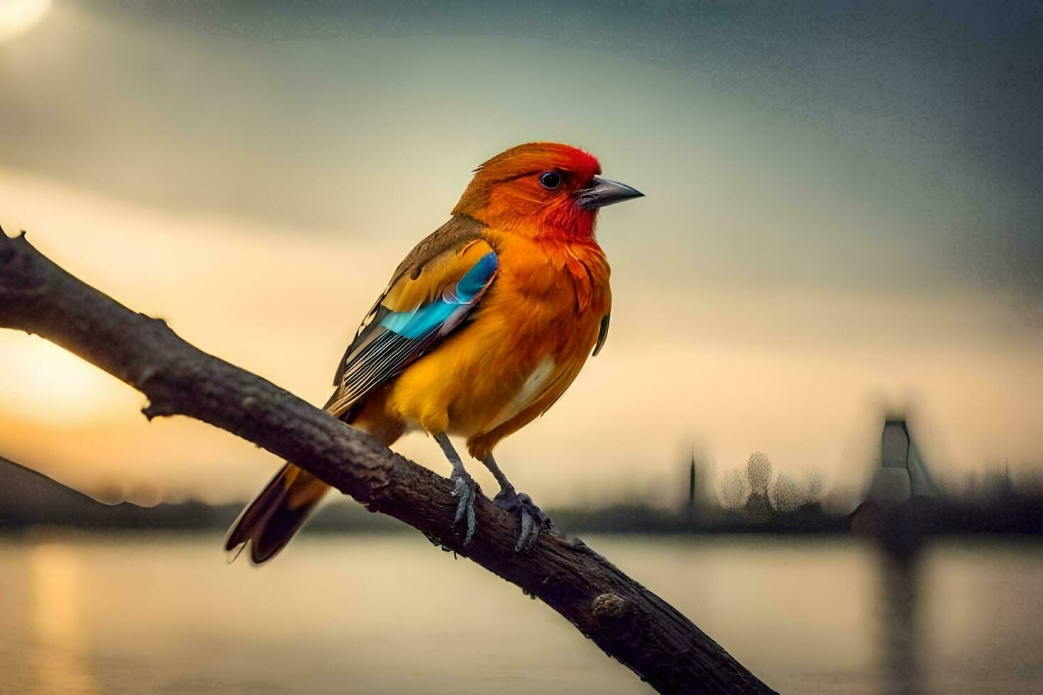 a colorful bird sits on a branch near the water. AI-Generated photo