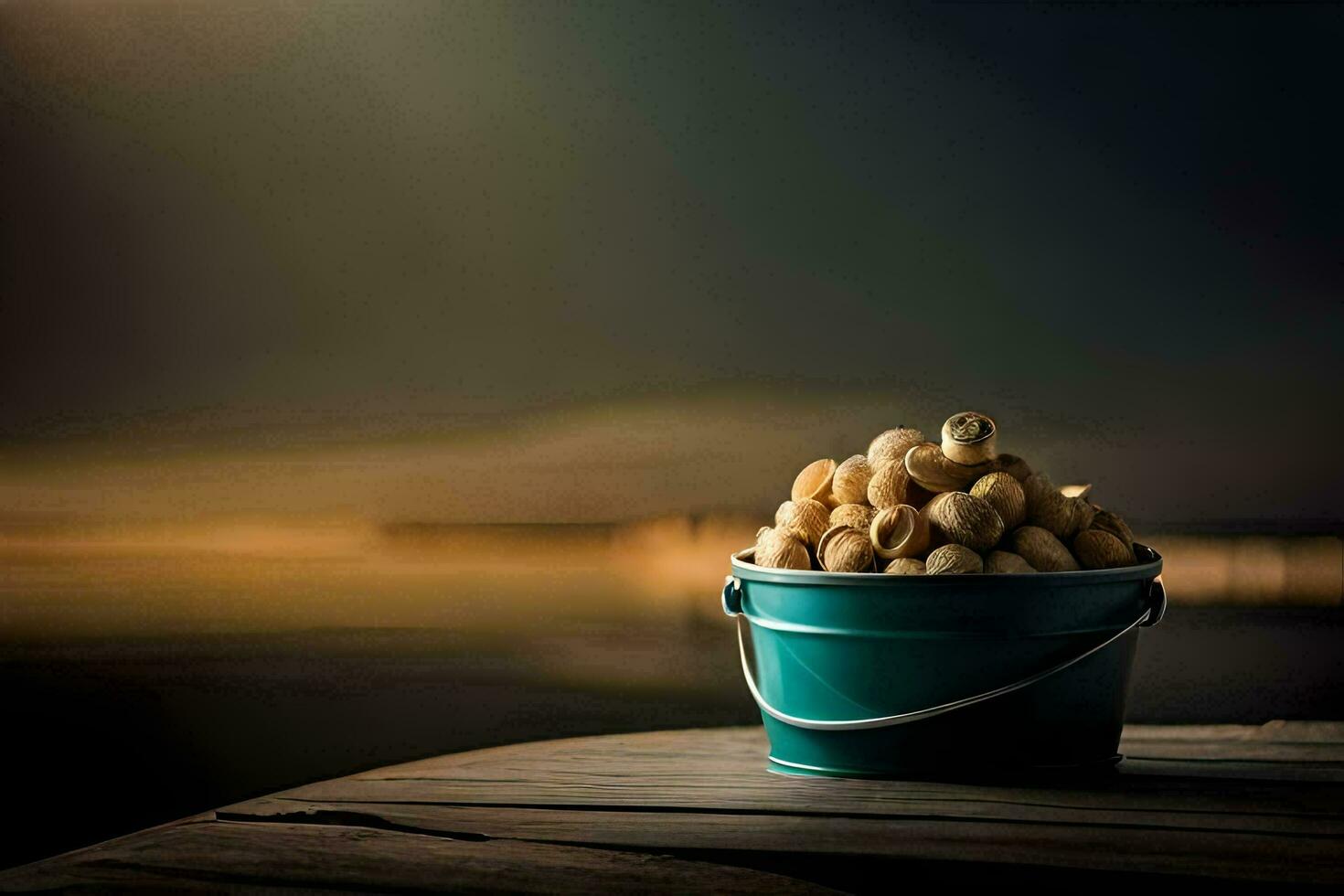 a bucket of nuts sitting on a wooden table. AI-Generated photo