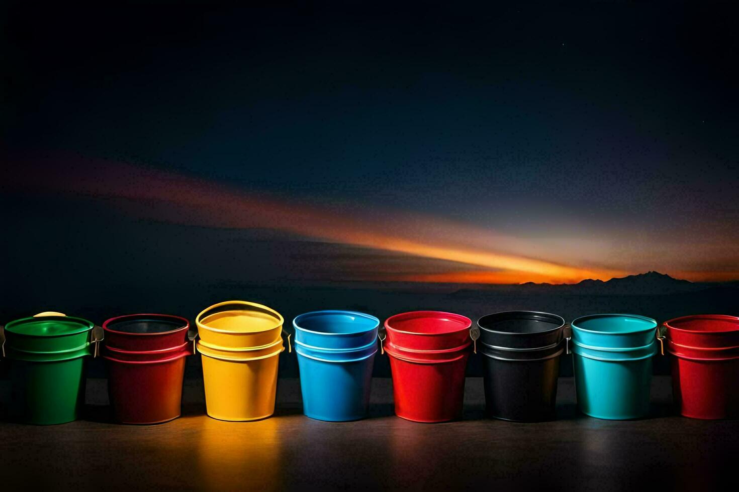 colorful plastic cups lined up against a dark background. AI-Generated photo