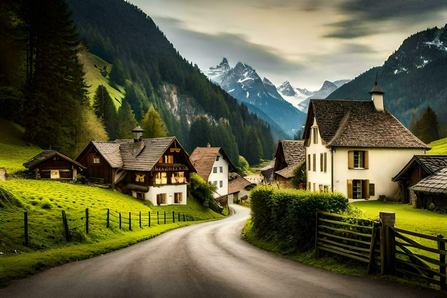 photo wallpaper the sky, mountains, road, houses, village, road, road, village,. AI-Generated
