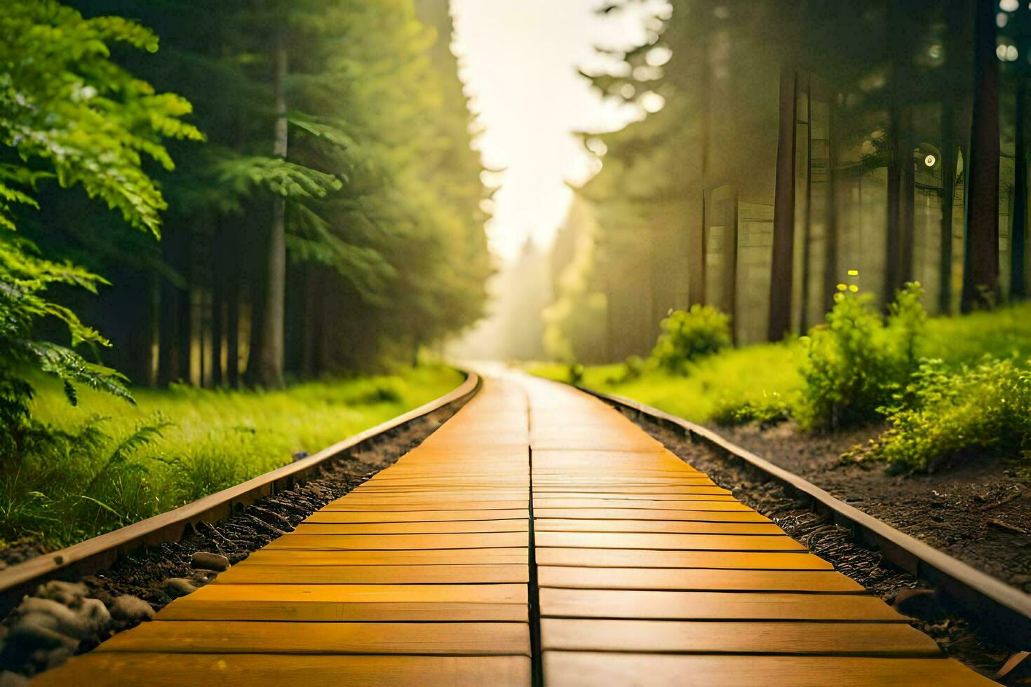 a wooden path in the middle of a forest. AI-Generated photo