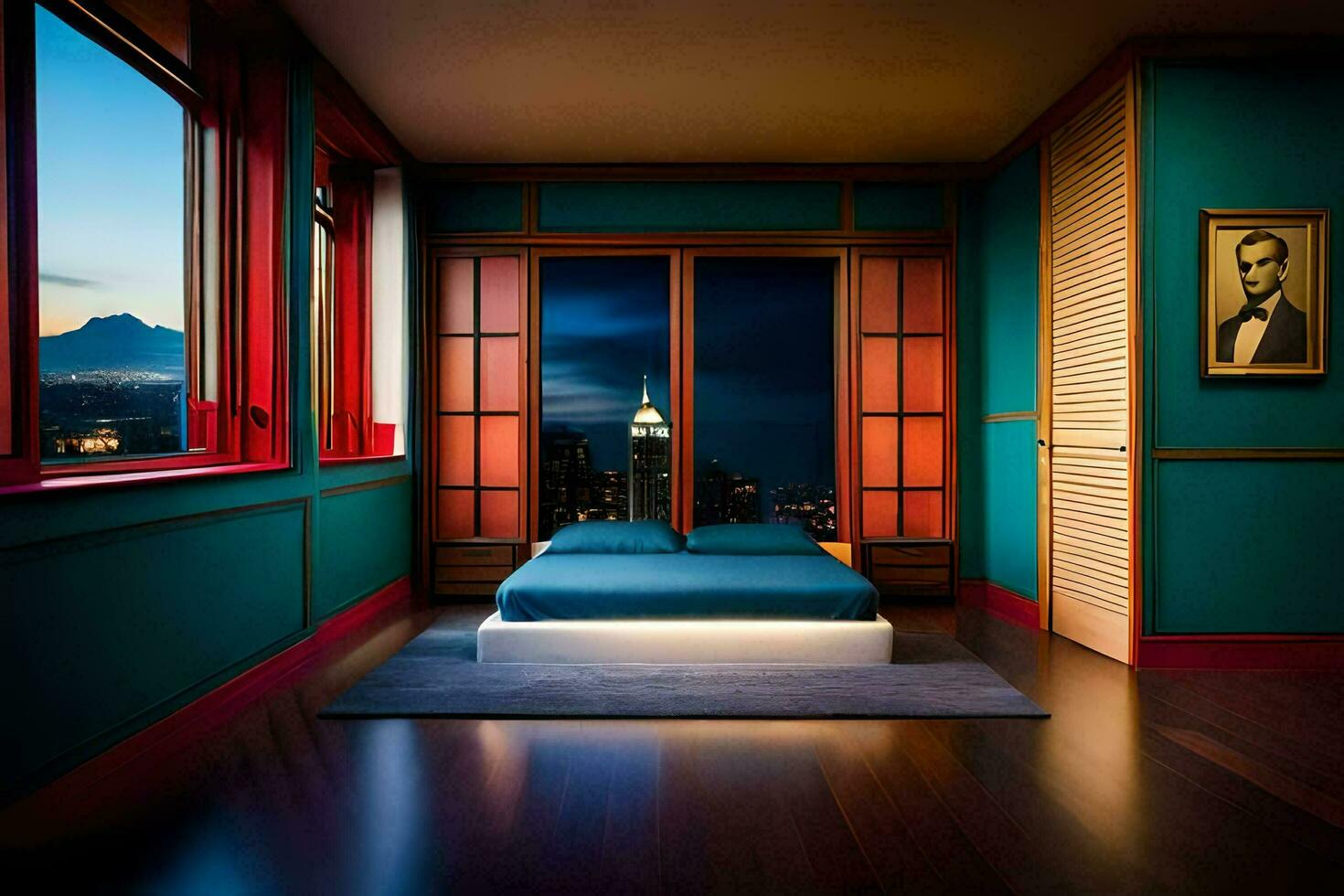 a bedroom with a bed and a window overlooking the city. AI-Generated photo