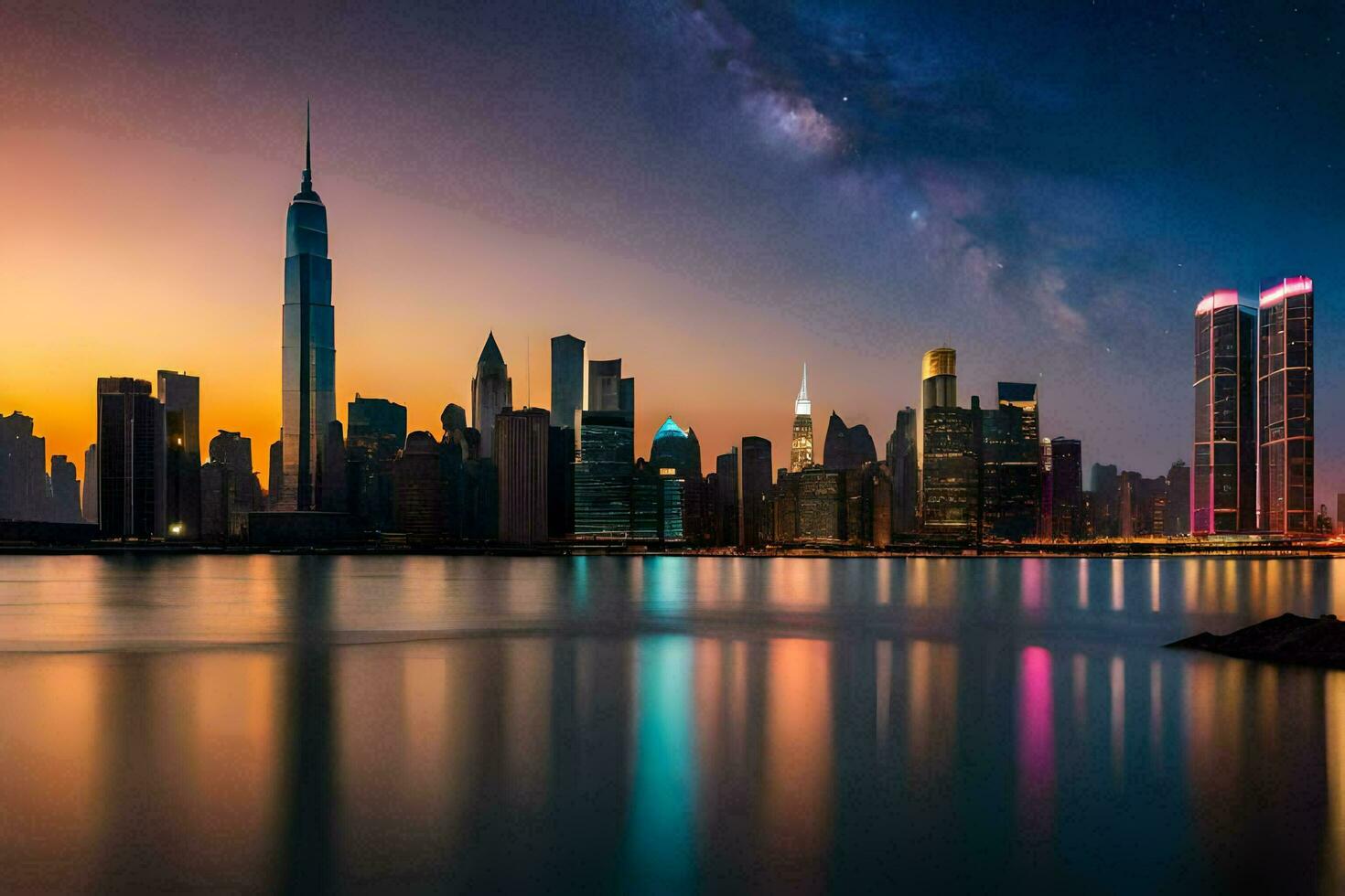 el ciudad horizonte a noche con el lechoso en el cielo. generado por ai foto