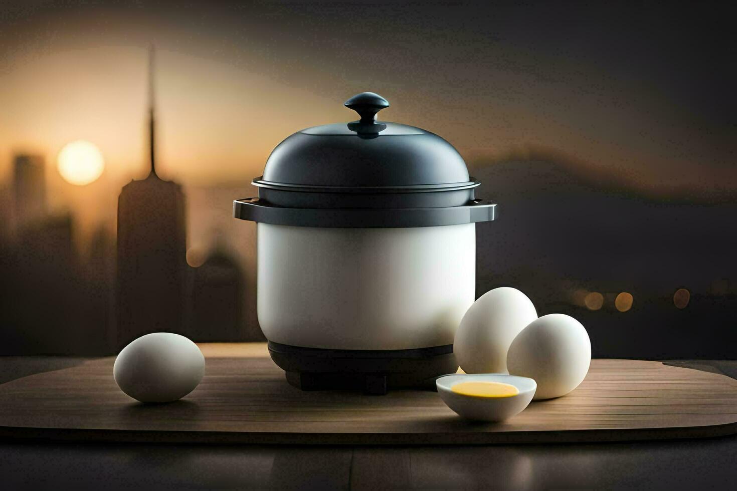 eggs on a table with a black and white egg cooker. AI-Generated photo