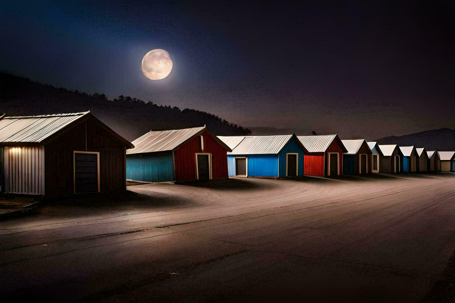 un fila de vistoso playa chozas a noche. generado por ai foto