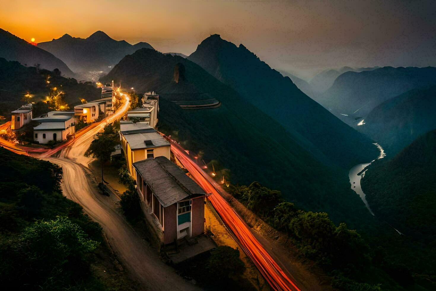 a road in the mountains at dusk with lights on the road. AI-Generated photo