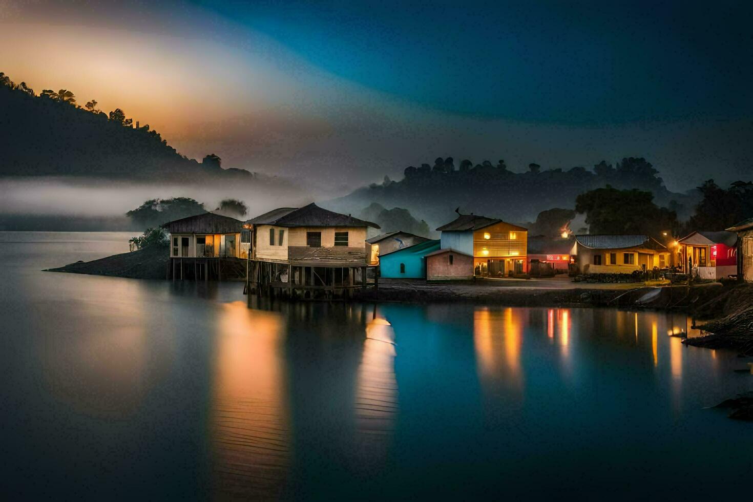 photo wallpaper the sky, fog, water, houses, the sea, the sea, the sea. AI-Generated