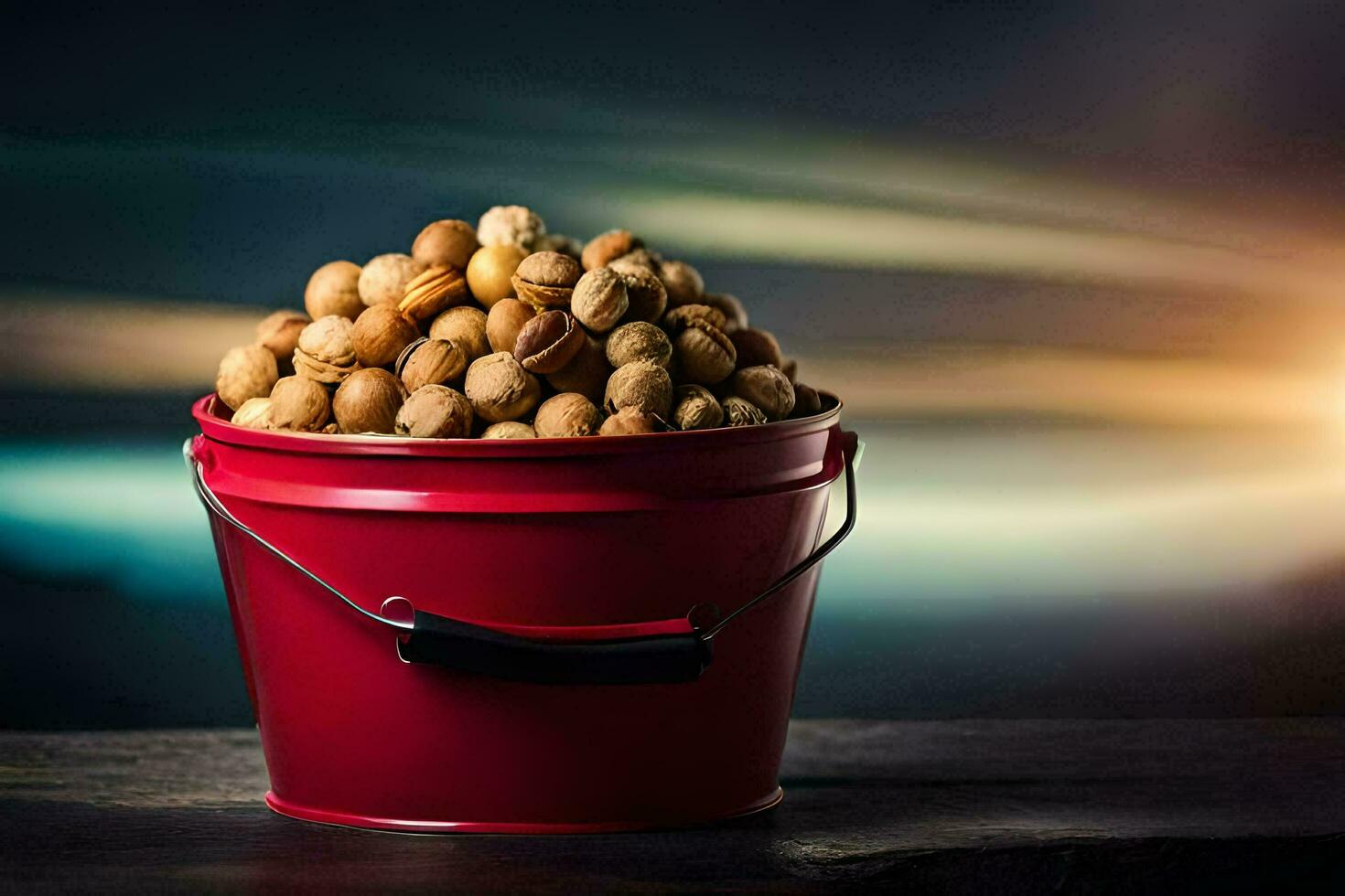 a bucket full of peanuts on a table. AI-Generated photo