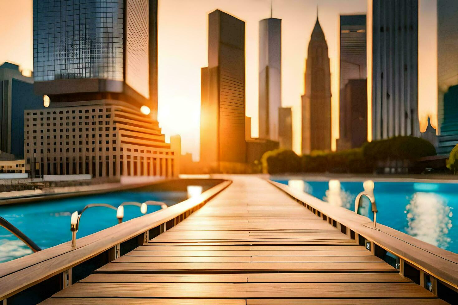 a wooden walkway leads to a pool in front of tall buildings. AI-Generated photo