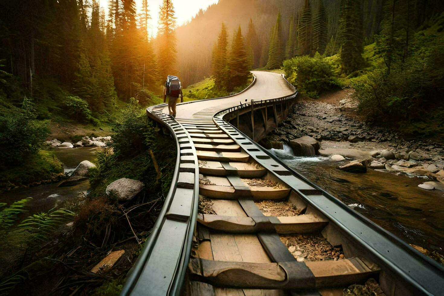a man is walking on a wooden bridge over a stream. AI-Generated photo