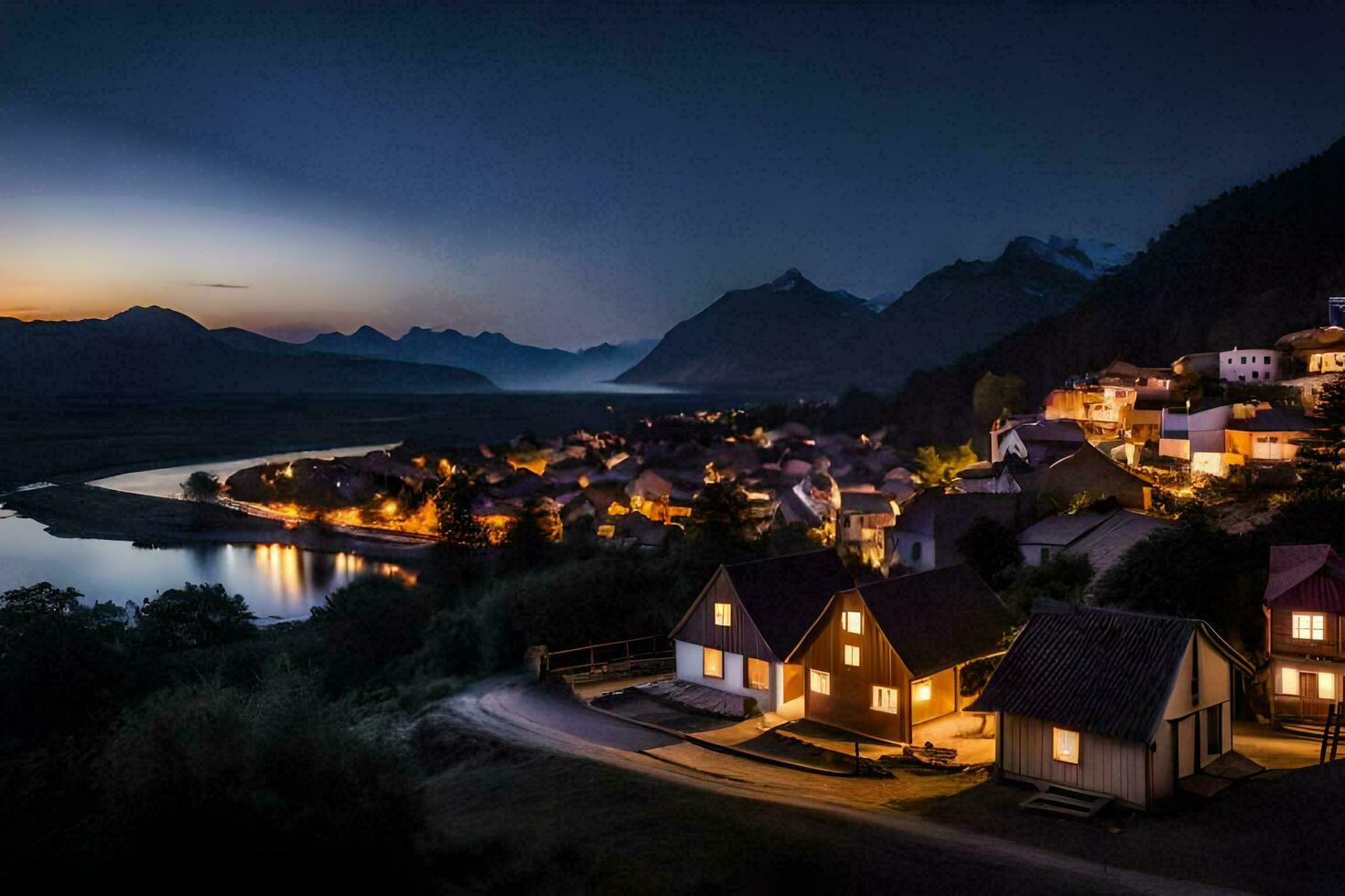 un pueblo a noche con luces en el casas generado por ai foto