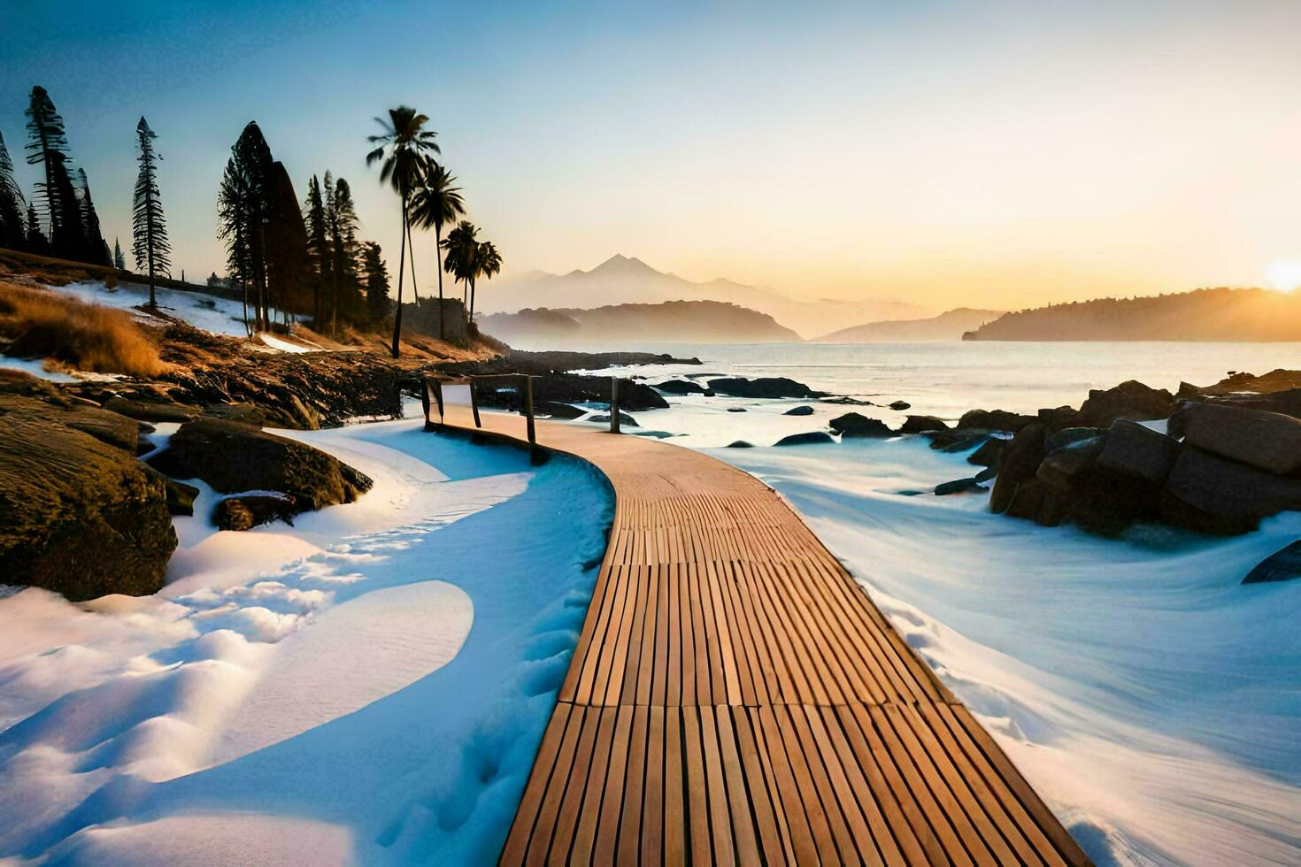 a wooden walkway leads to the ocean at sunset. AI-Generated photo