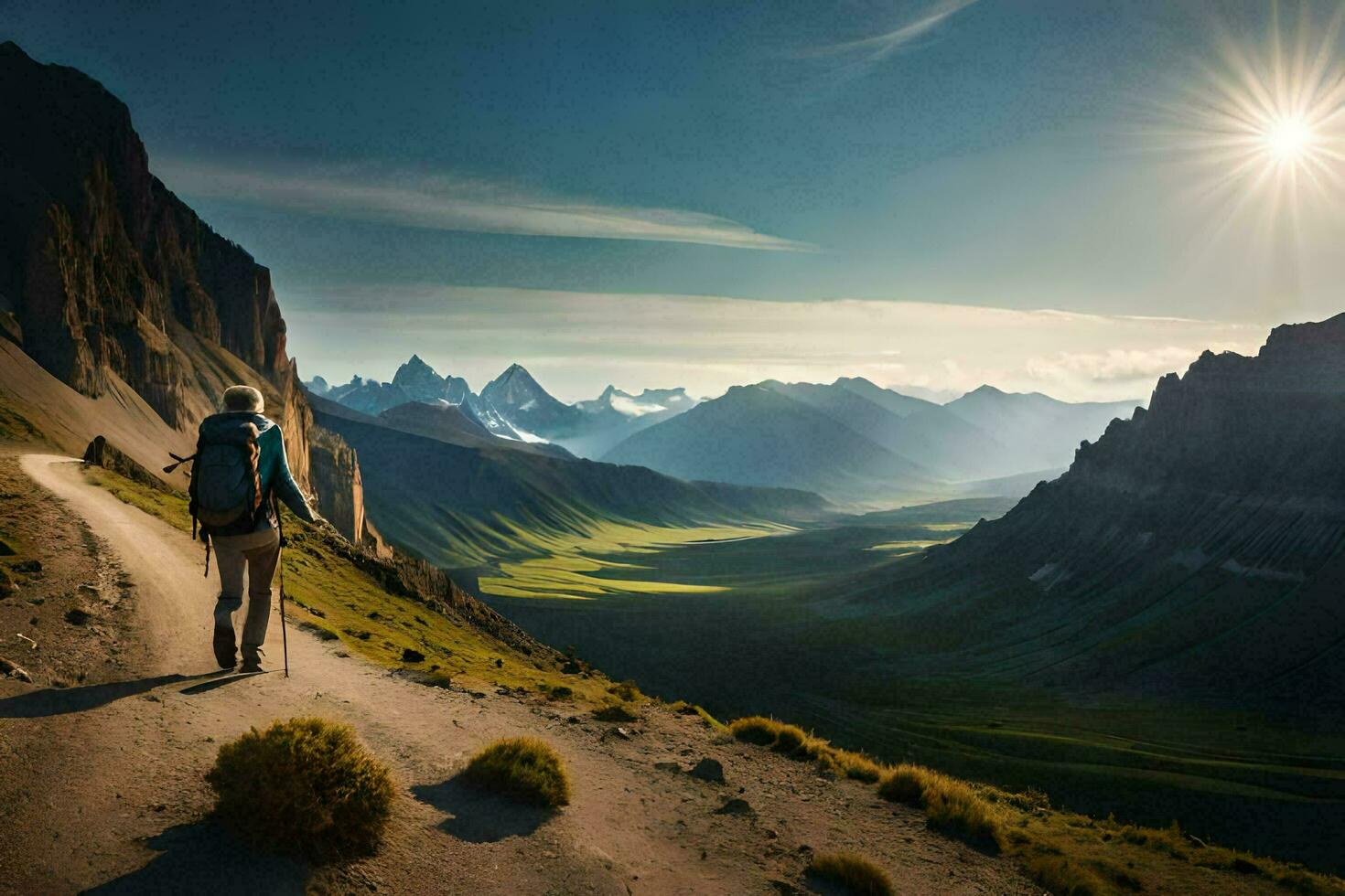 a person walking on a path in the mountains. AI-Generated photo