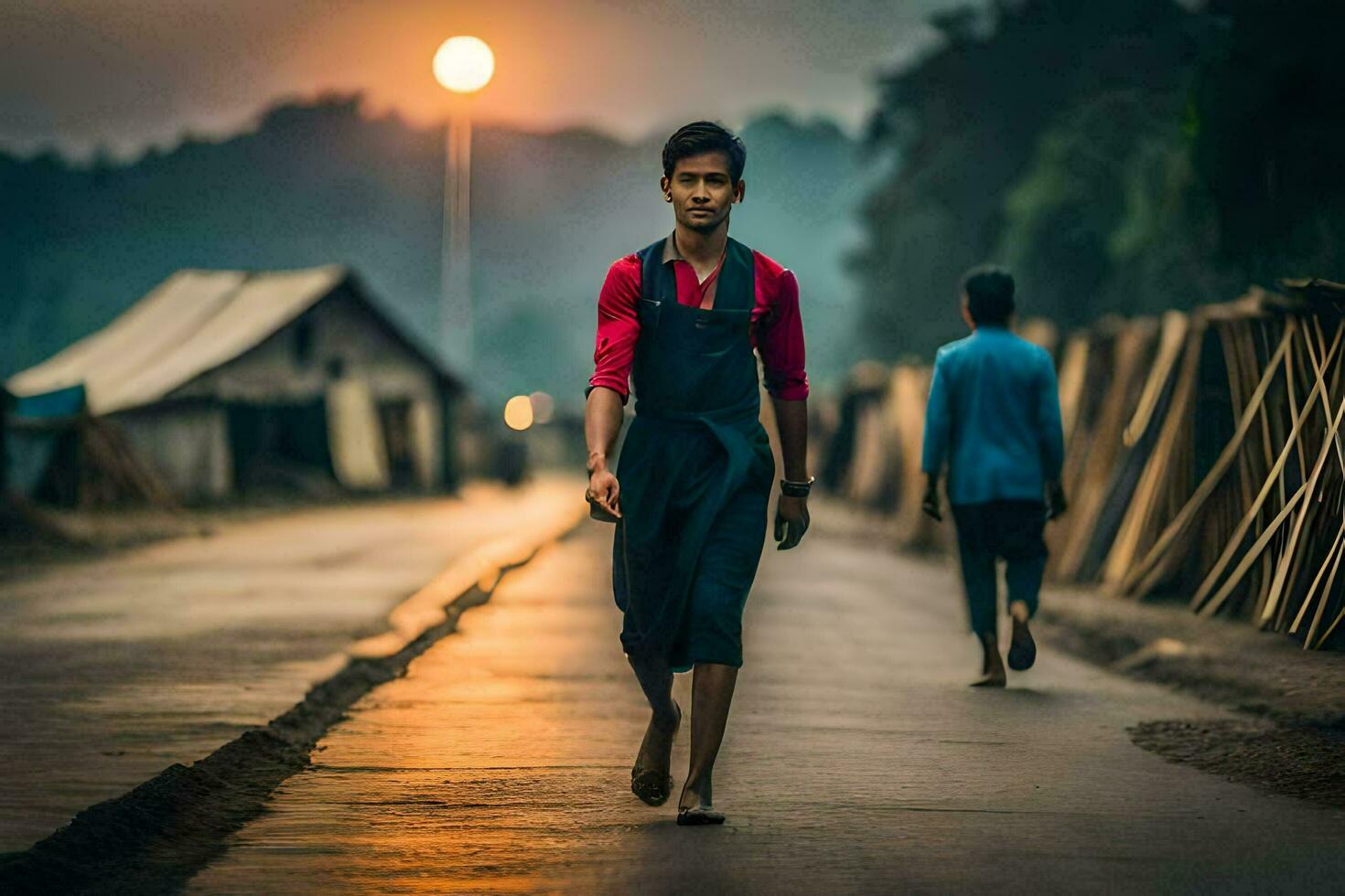 un hombre caminando abajo el la carretera a puesta de sol. generado por ai foto