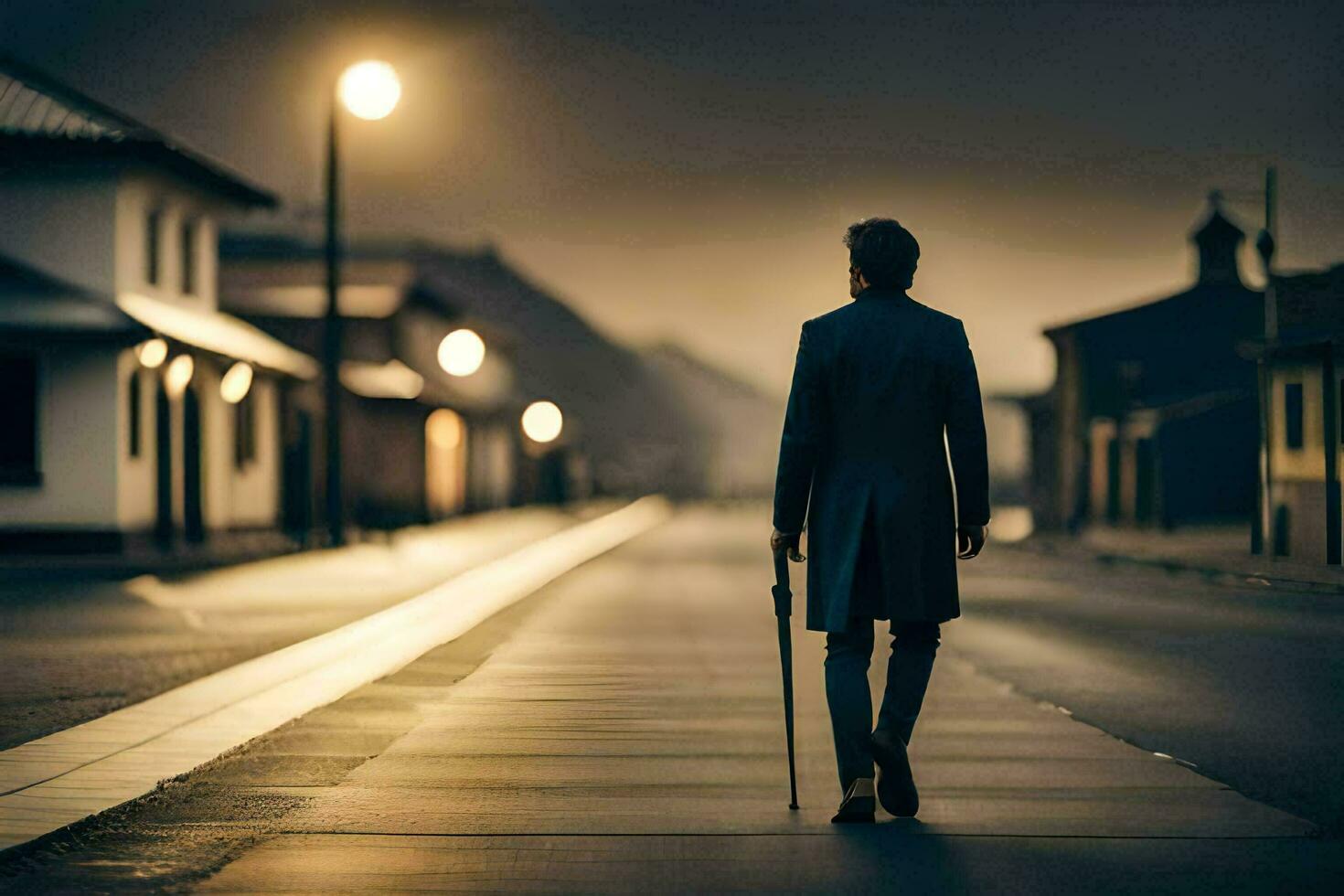 a man in a suit walks down a street at night. AI-Generated photo