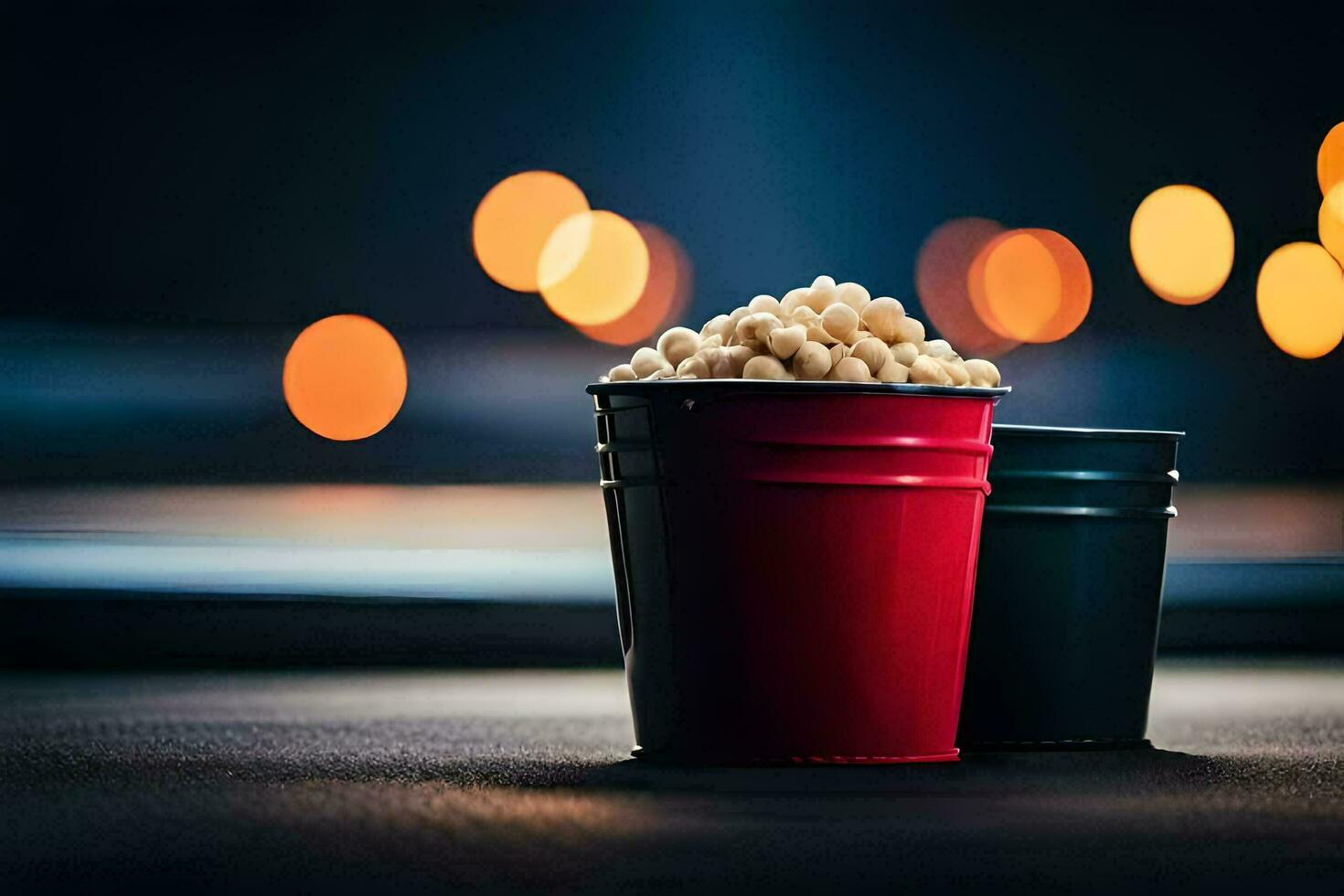 two buckets of popcorn on a table with lights in the background. AI-Generated photo