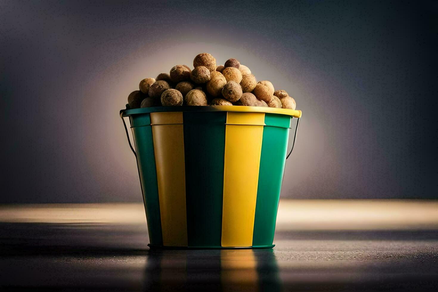 a bucket full of nuts on a dark background. AI-Generated photo