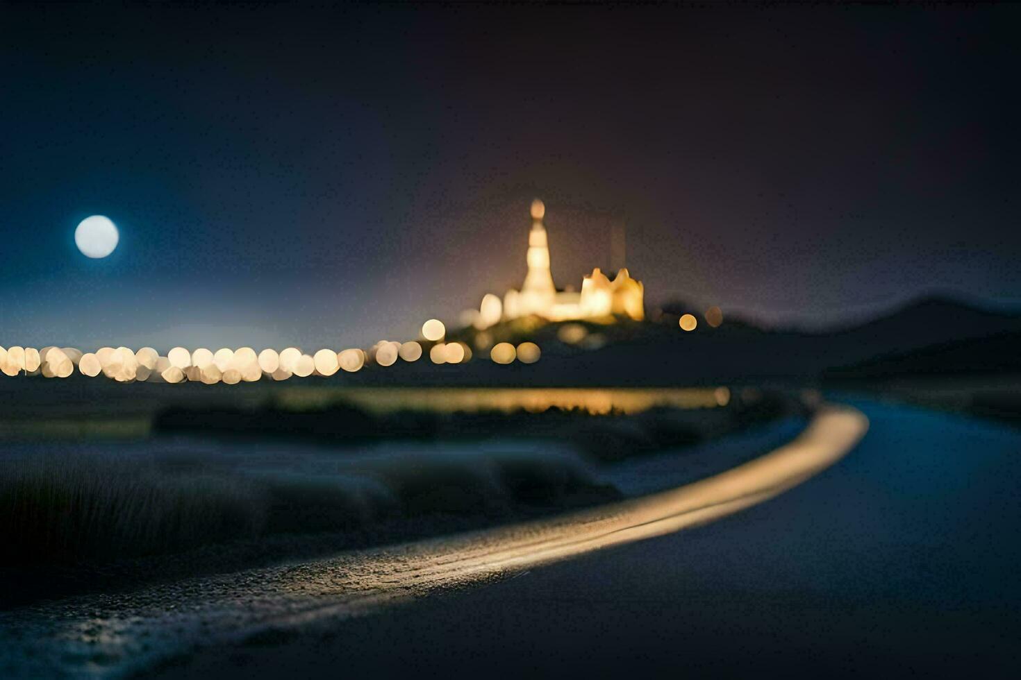 a long exposure photo of a road at night with a castle in the background. AI-Generated