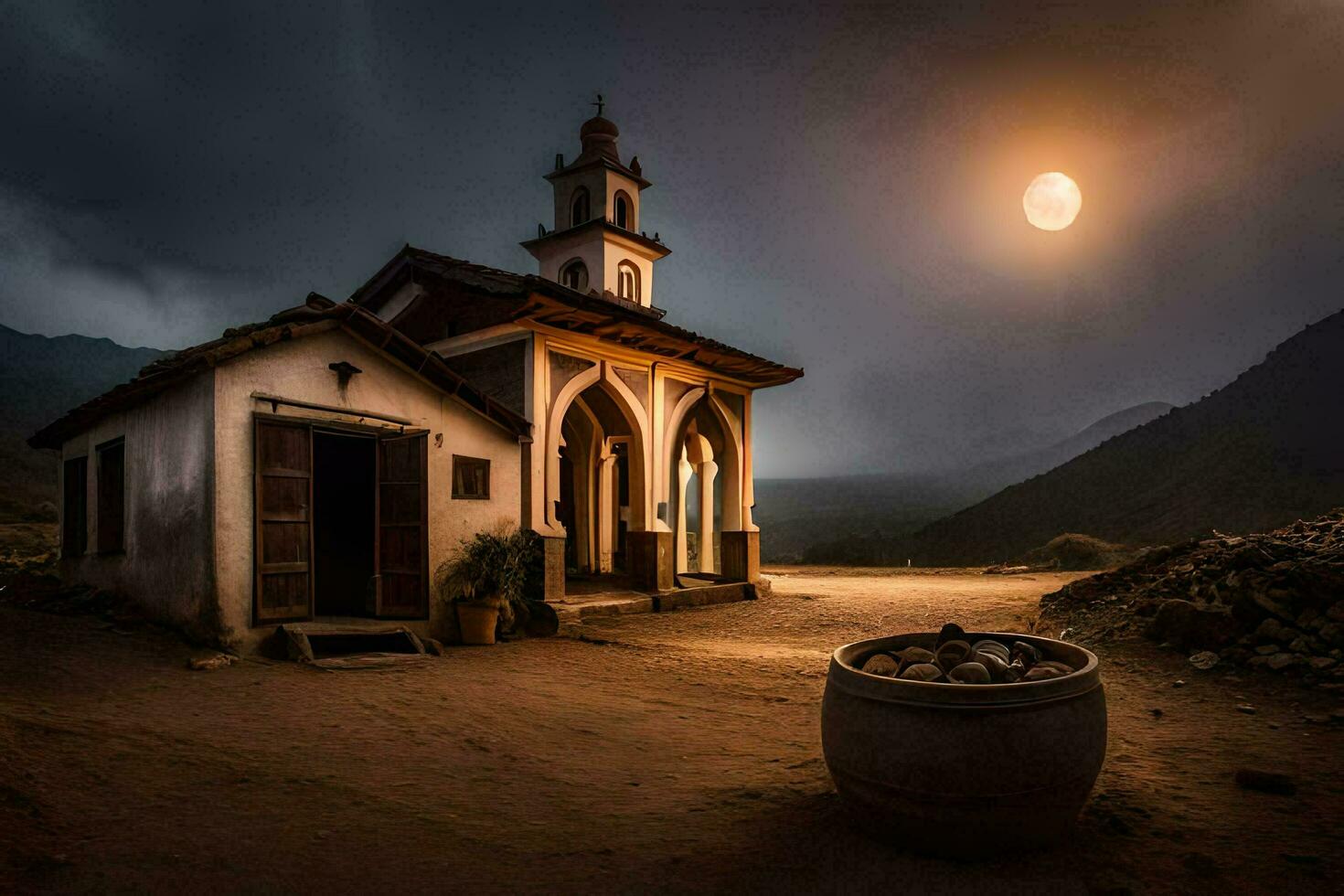 photo wallpaper the sky, the moon, the church, the mountains, the night, the church. AI-Generated