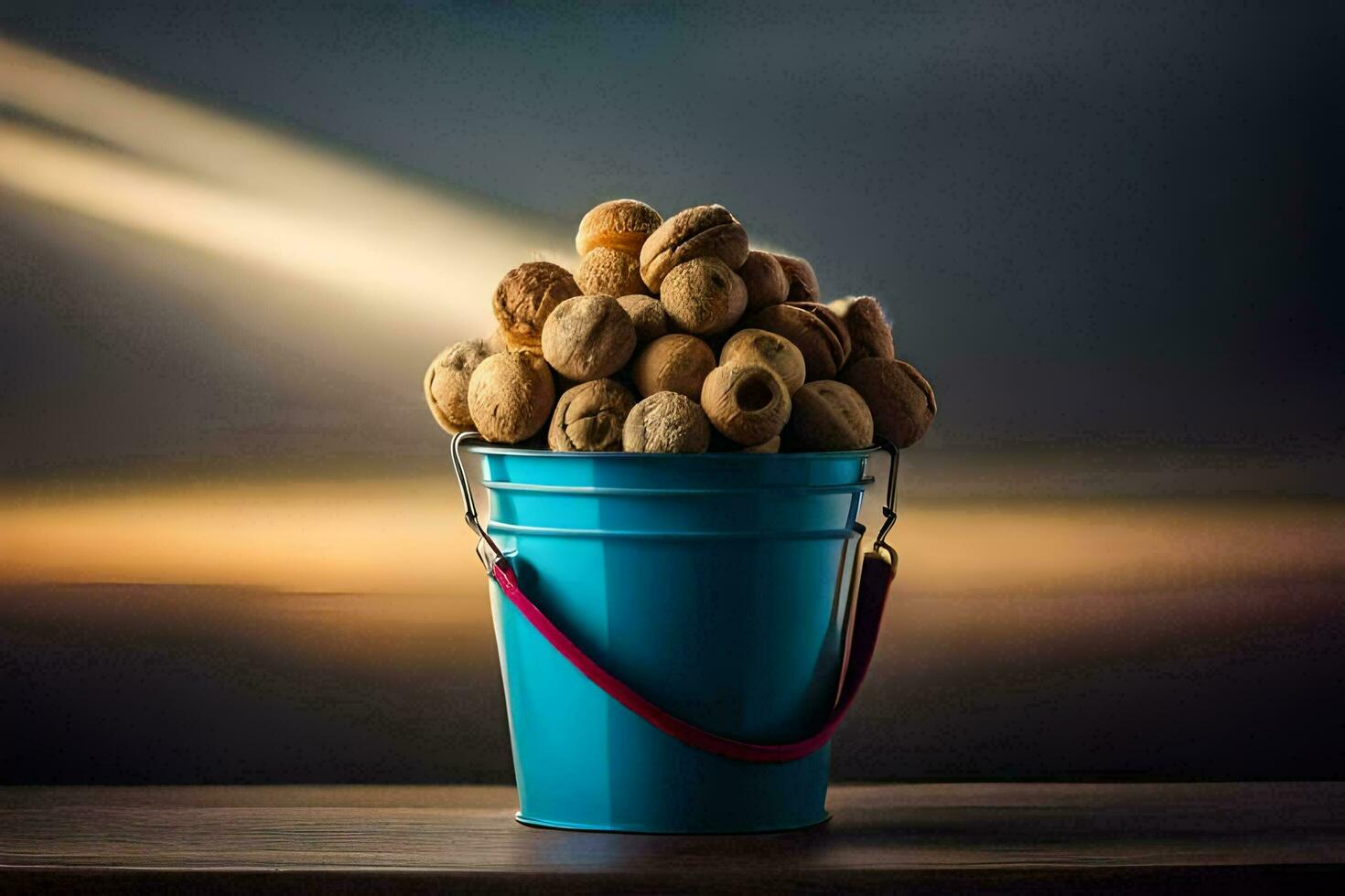 a bucket filled with nuts on a table. AI-Generated photo