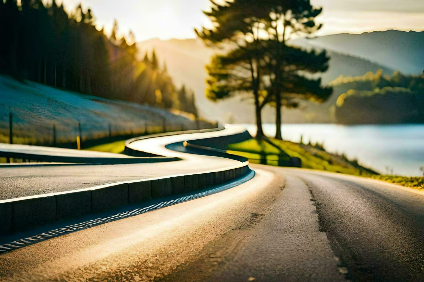 a curved road with trees and water in the background. AI-Generated photo